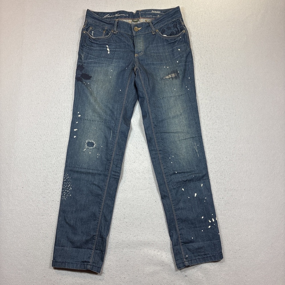 Eddie Bauer Jeans Women Size 4 Boyfriend Relaxed Distressed Patched Paint EUC
